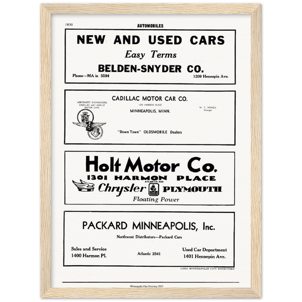 1933 Car Dealer Ads on Archival Matte Paper Wooden Framed Poster