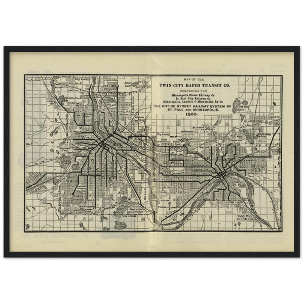 Twin Cities Public Transit Map 1900 Matte Paper Wooden Framed Poster