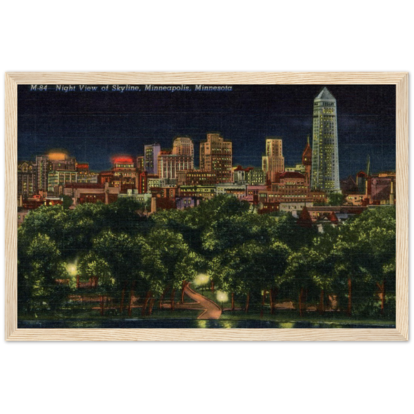 Night View of Skyline, Minneapolis, Minnesota, 1941 Premium Matte Paper Wooden Framed Poster
