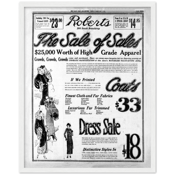 Roberts Clothing Store 1924 Ad Wooden Framed Poster