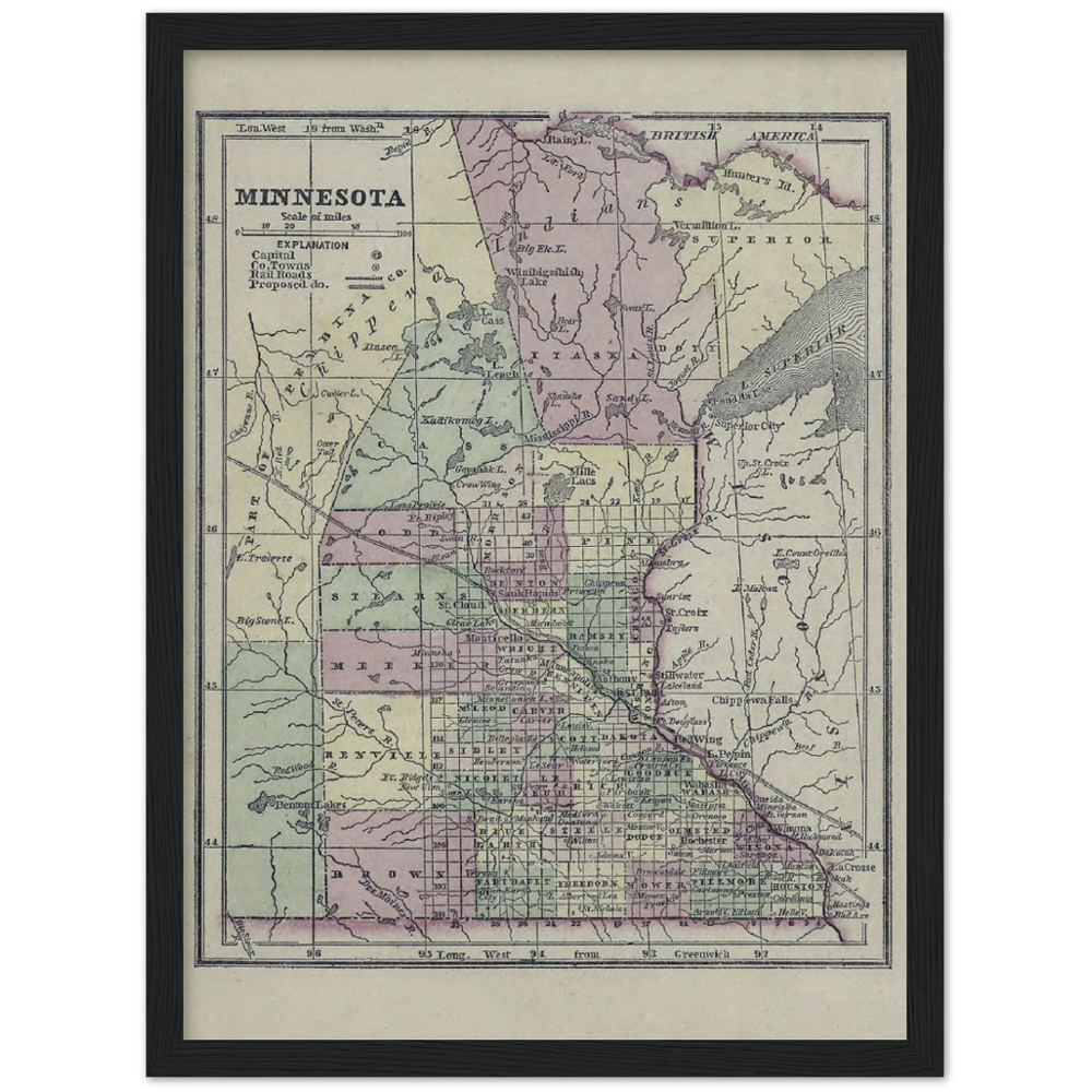 1856 Map of Minnesota Archival Matte Paper Wooden Framed Poster