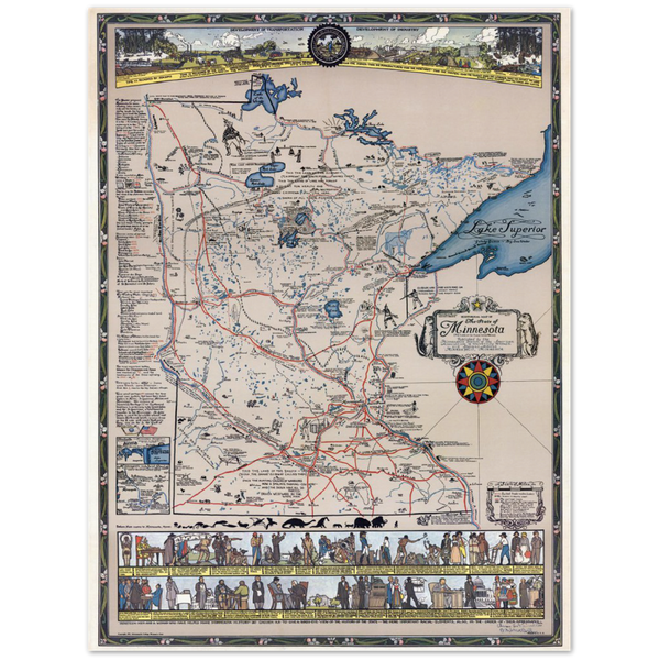 1931 Pictorial Map of Minnesota History Archival Matte Paper Poster