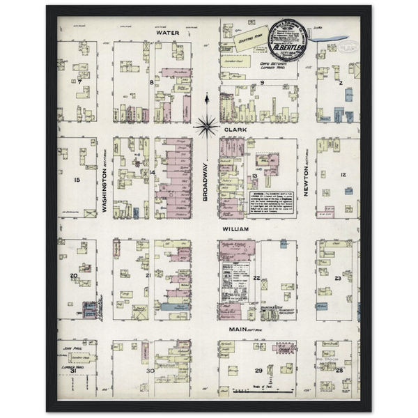 Sanborn Fire Insurance Map of Albert Lea, Minnesota, 1884 Archival Matte Paper Wooden Framed Poster