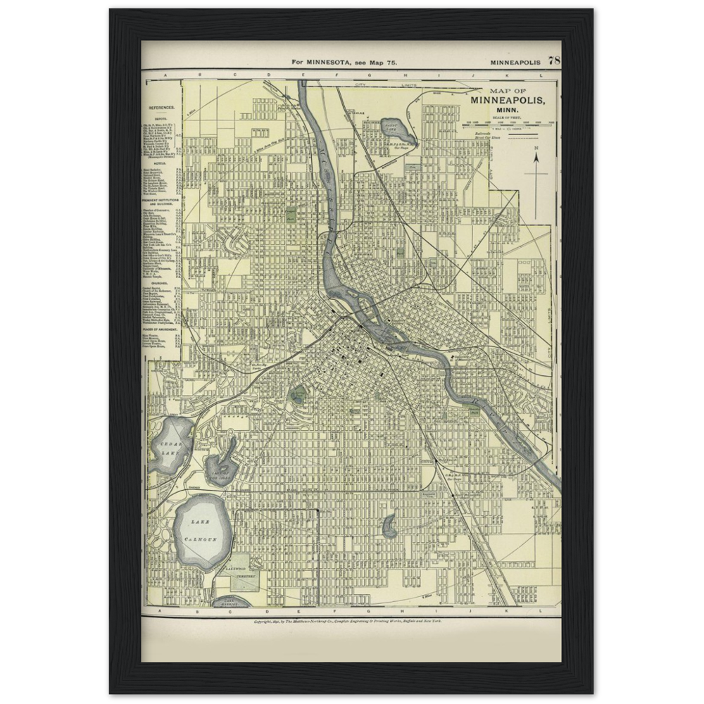 Historic 1891 Map of Minneapolis, Minnesota Classic Matte Paper Wooden Framed Poster