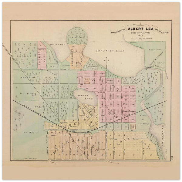 Albert Lea Minnesota Street Map 1874 Archival Matte Paper Poster