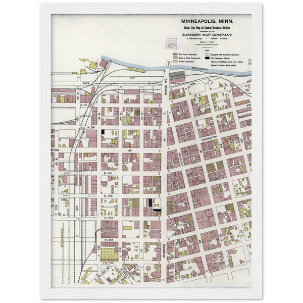 Sanborn Fire Insurance Map of Downtown Minneapolis Minnesota 1904 Archival Matte Paper Wooden Framed Poster