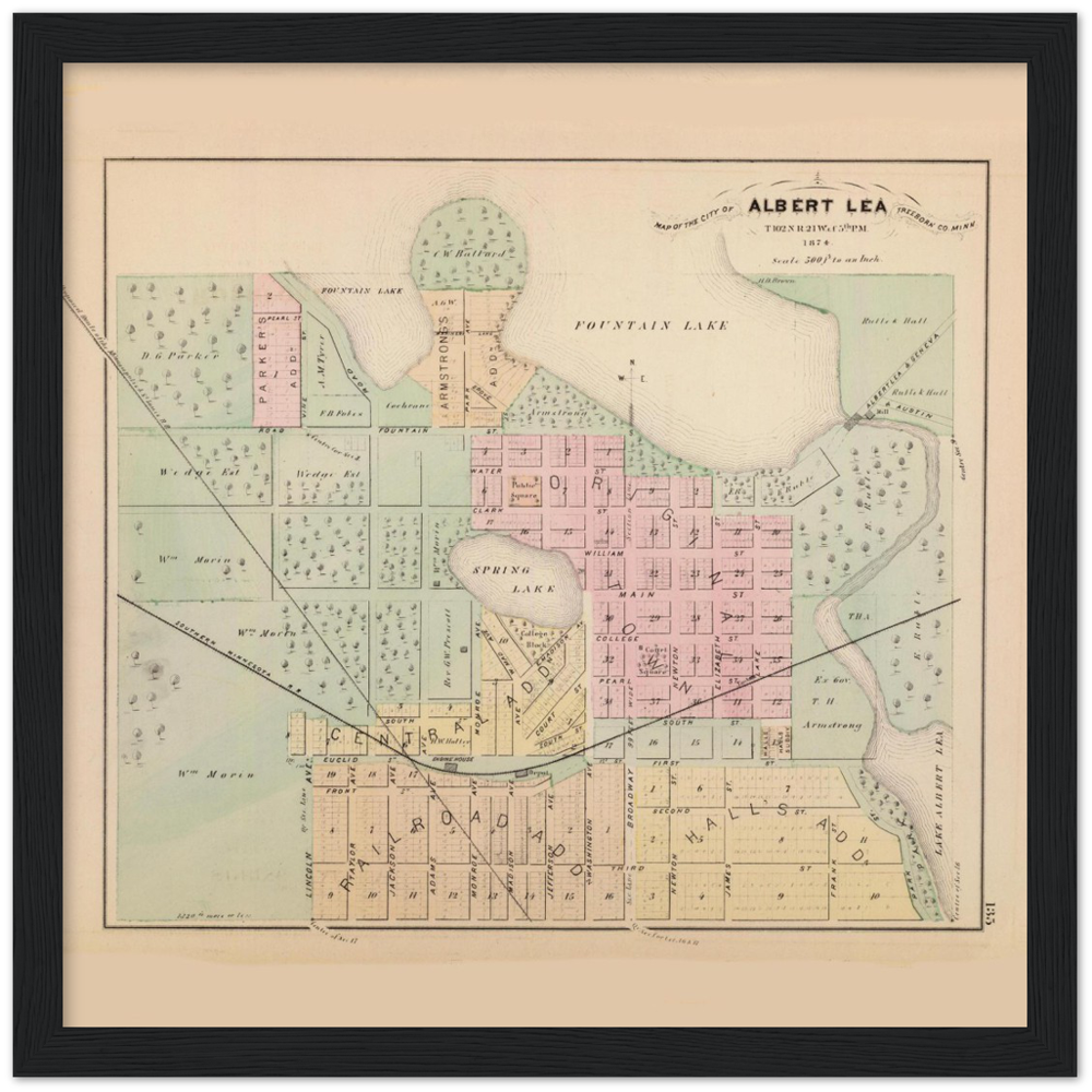 Albert Lea Minnesota Street Map 1874 Classic Matte Paper Wooden Framed Poster