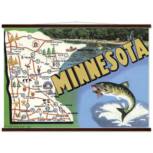 Vintage Minnesota State Map 1950s Classic Semi-Glossy Paper Poster & Hanger