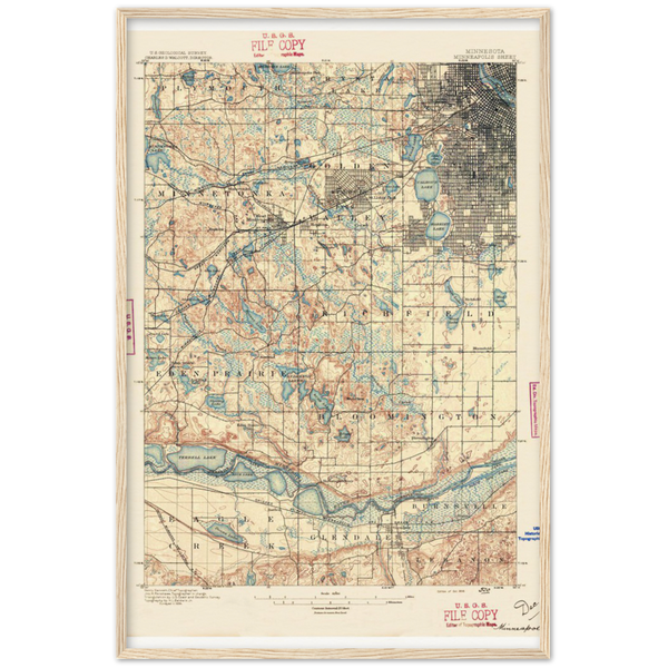 1896 Restored USGS Map of Southwest Minneapolis and Suburbs, Archival Matte Paper Wooden Framed Poster