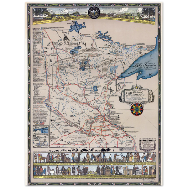 1931 Pictorial Map of Minnesota History Archival Matte Paper Poster