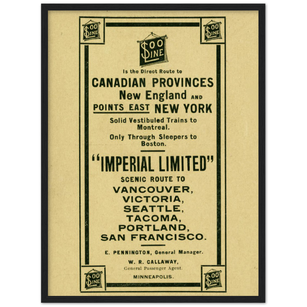 Soo Line Railroad Advertisement from 1900 Classic Matte Paper Wooden Framed Poster