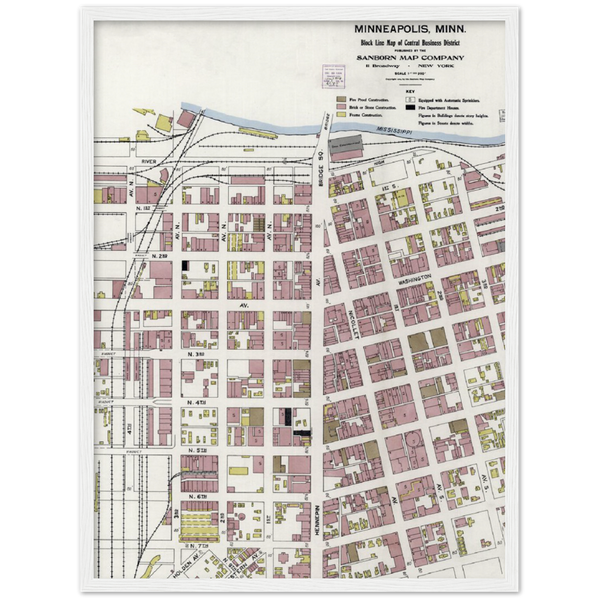 Sanborn Fire Insurance Map of Downtown Minneapolis Minnesota 1904 Archival Matte Paper Wooden Framed Poster