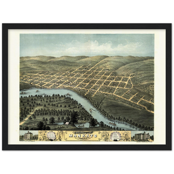 Birdseye View of Mankato, Minnesota, 1870 Archival Matte Paper Wooden Framed Poster