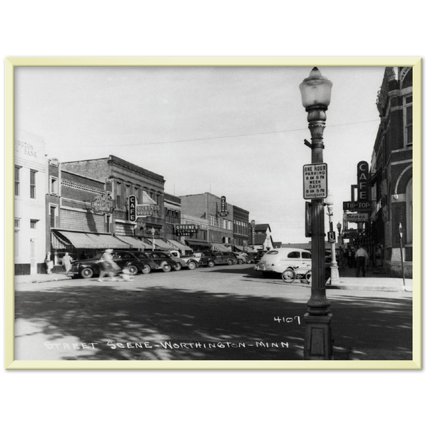 Worthington Minnesota 1940s Street Scene Classic Semi-Glossy Paper Metal Framed Poster