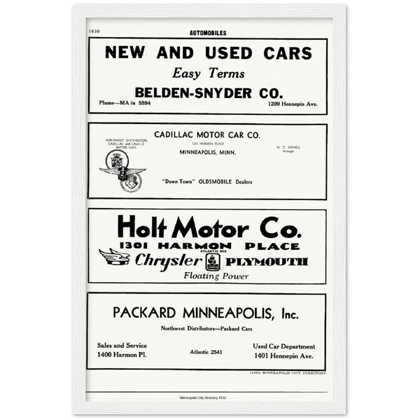 1933 Car Dealer Ads on Archival Matte Paper Wooden Framed Poster