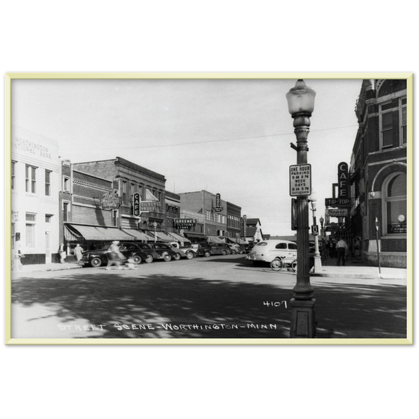 Worthington Minnesota 1940s Street Scene Classic Semi-Glossy Paper Metal Framed Poster