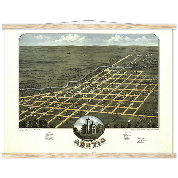 Bird's eye view of Austin, Mower County, Minnesota 1870 Premium Matte Paper Poster & Hanger