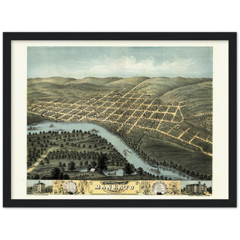 Birdseye View of Mankato, Minnesota, 1870 Archival Matte Paper Wooden Framed Poster