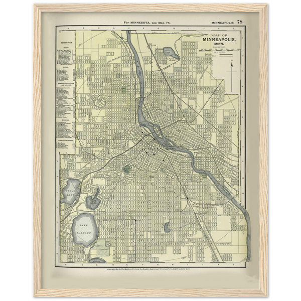 Historic 1891 Map of Minneapolis, Minnesota Classic Matte Paper Wooden Framed Poster