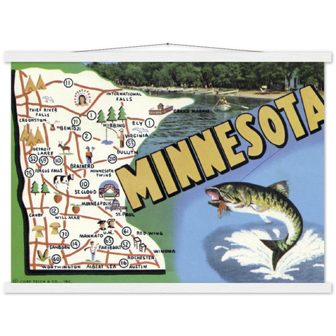 Vintage Minnesota State Map 1950s Classic Semi-Glossy Paper Poster & Hanger