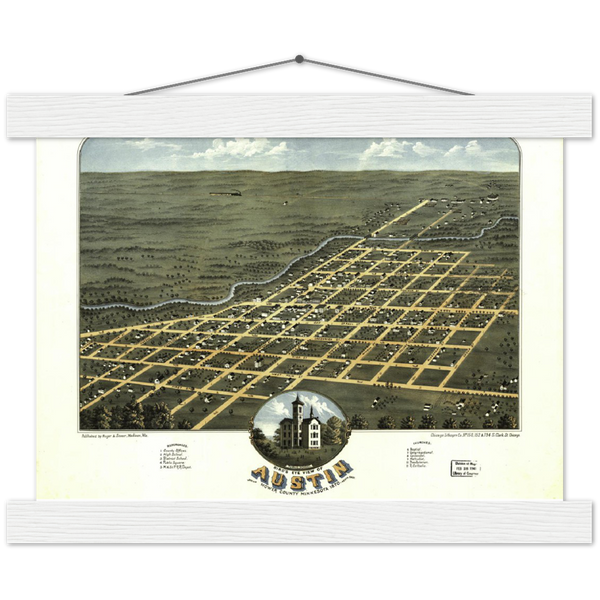 Bird's eye view of Austin, Mower County, Minnesota 1870 Premium Matte Paper Poster & Hanger