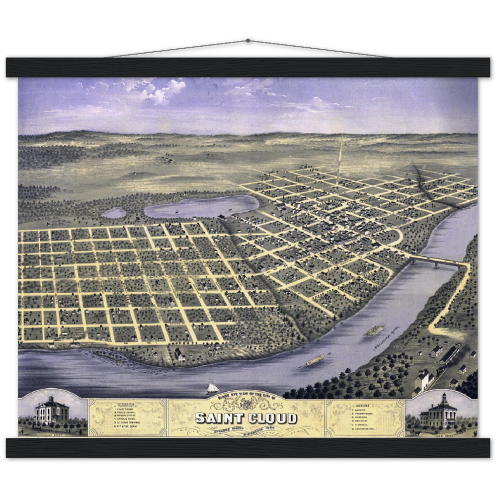 Birds-eye View of St. Cloud Minnesota 1869 Premium Matte Paper Poster & Hanger