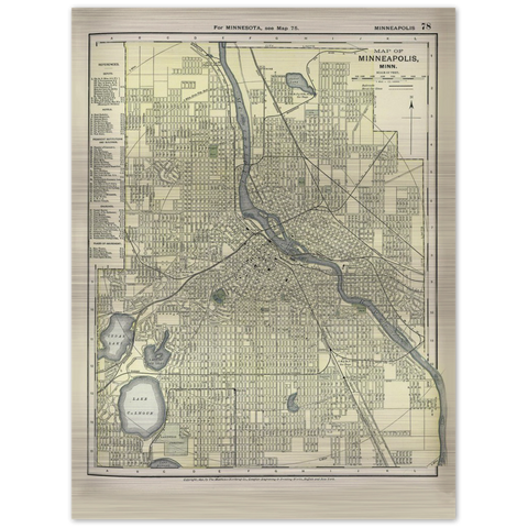 Historic 1891 Map of Minneapolis, Minnesota Brushed Aluminum Print