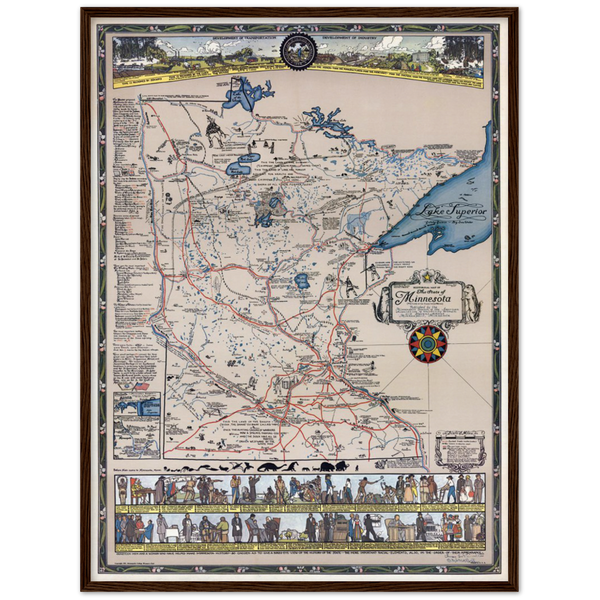 1931 Pictorial Map of Minnesota History Archival Matte Paper Wooden Framed Poster