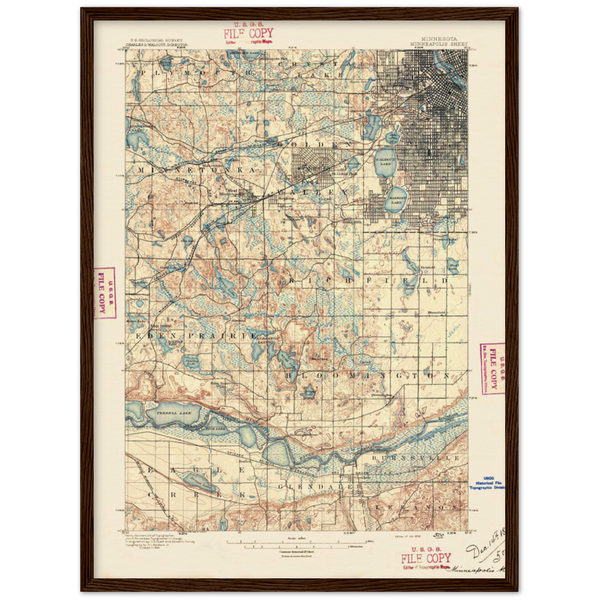 1896 Restored USGS Map of Southwest Minneapolis and Suburbs, Archival Matte Paper Wooden Framed Poster