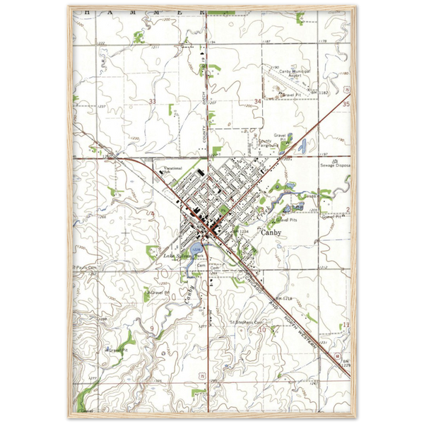 Topographic Map of the Canby, Minnesota area, 1967 Wooden Framed Poster